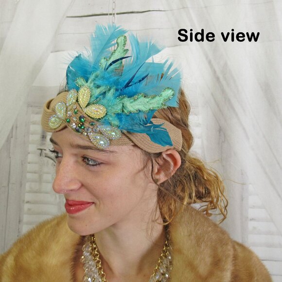Great Gatsby inspired headband, Beads, glitter and feathers 1920's Flapper style - Picture 8 of 12